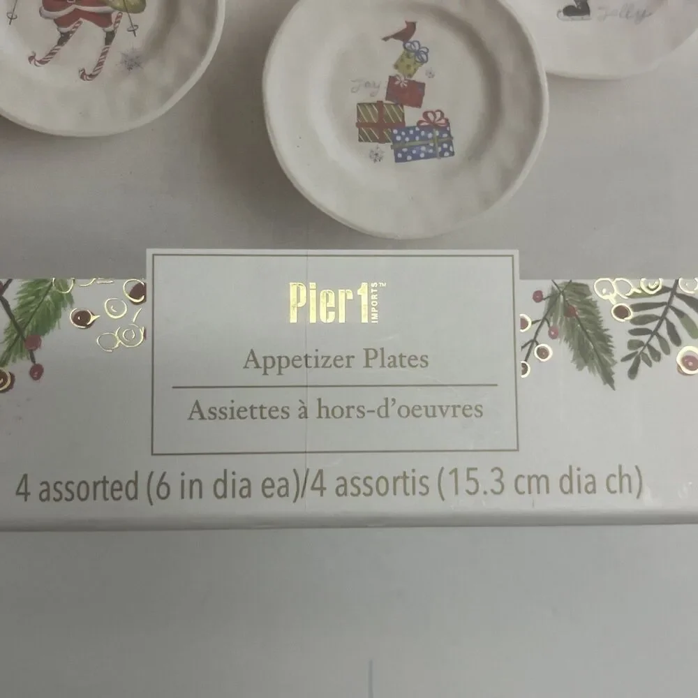 Pier 1 Imports Set Of (4) Christmas Appetizer Plates  6” NEW In Box